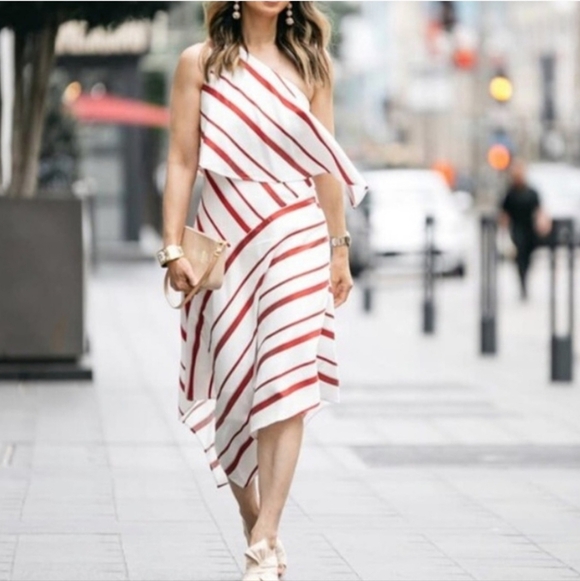 Banana Republic Asymmetrical One Shoulder Layered Striped Dress- Size 8 - Picture 2 of 6